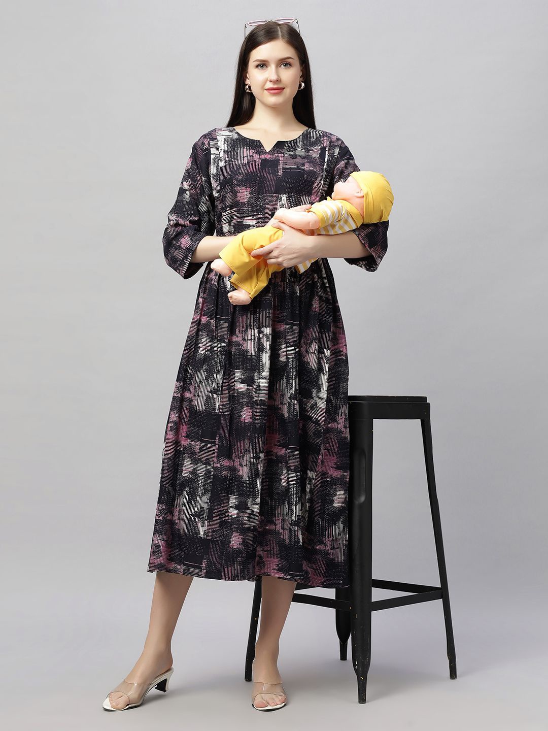 

DZZO Abstract Printed Maternity Fit & Flare Midi Dress, Navy blue