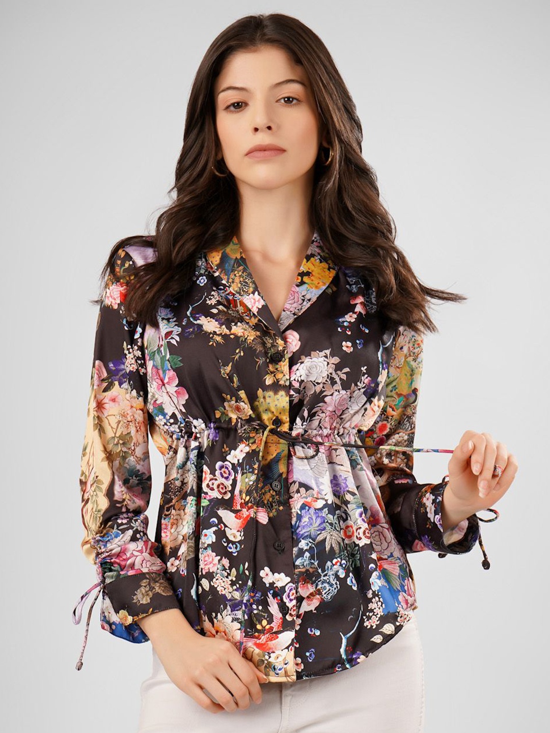 

Sukshat Floral Print Satin Cinched Waist Top, Multi