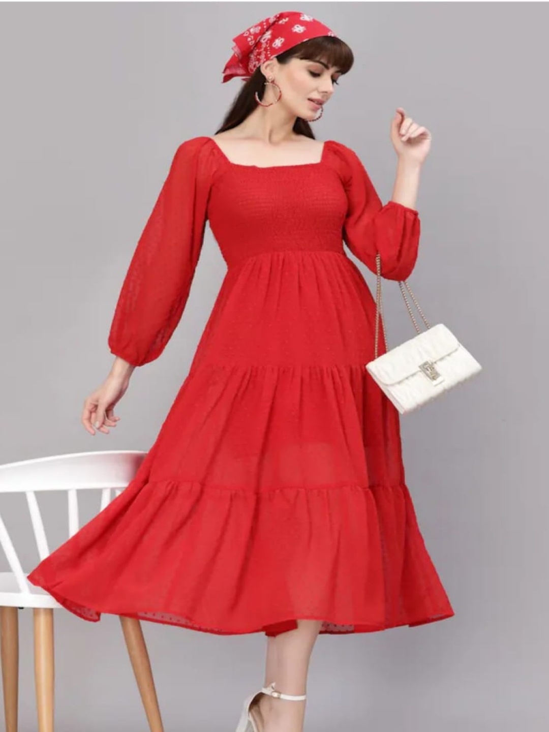 

BPT DESIGNER Georgette Square Neck Bishop Sleeves Tiered Fit & Flare Midi Dress, Red