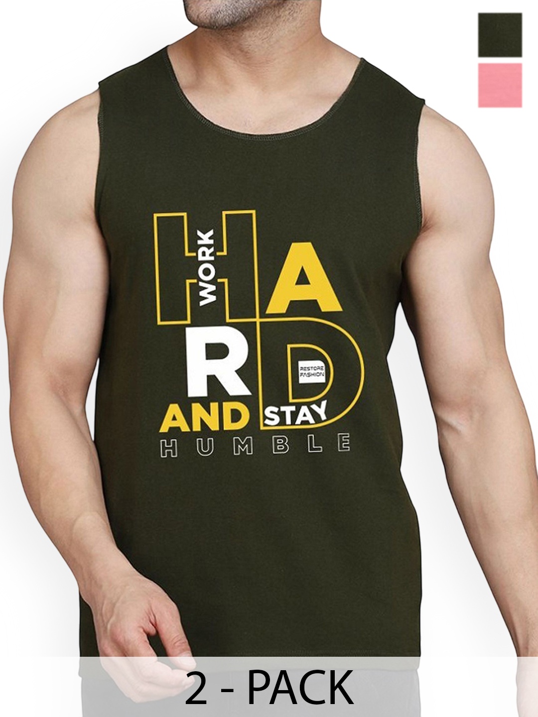 

WOOSTRO Pack Of 2 Printed Combed Cotton Gym Vest RS26 CMB (HARD OLIVE) (HARD PEACH)