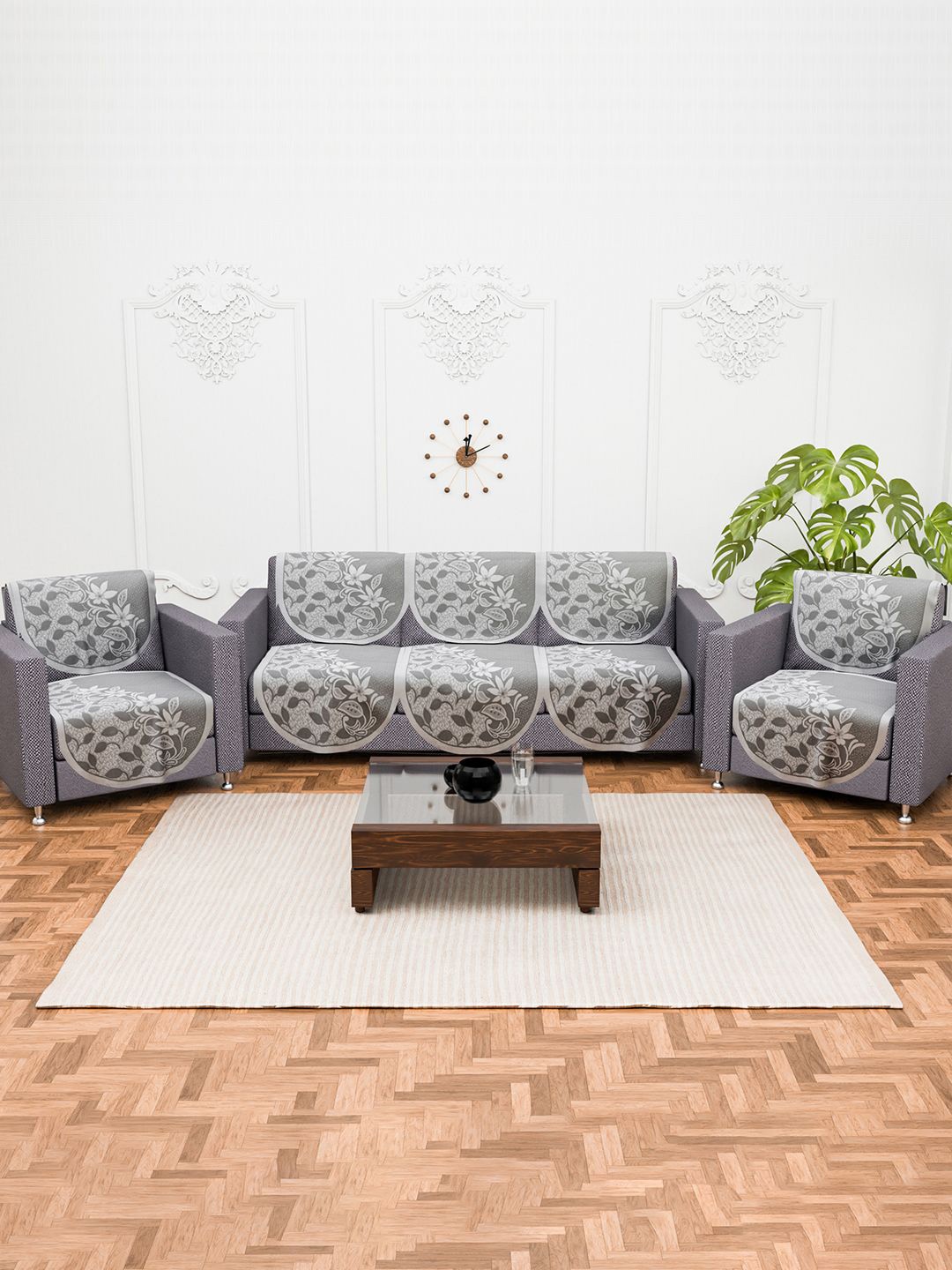 

Kuber Industries Grey and White 10 Pieces 5 Seater Floral Printed Cotton Sofa Covers