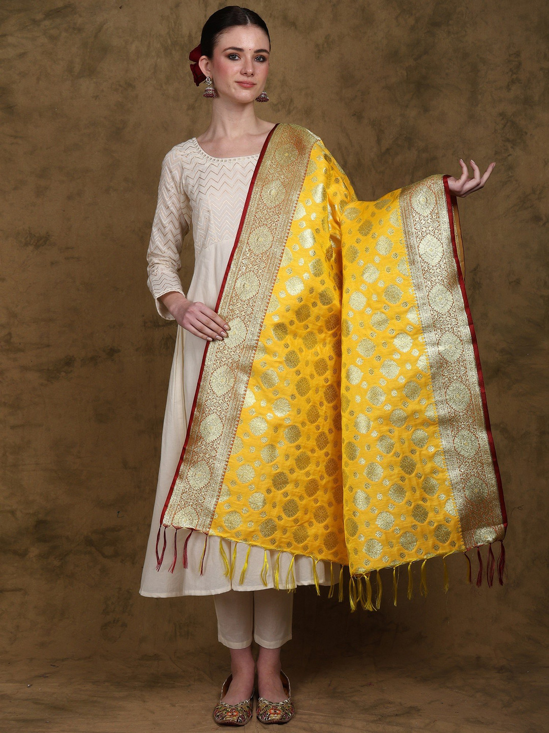 

Exotic India Floral Woven Design Dupatta With Zari, Yellow
