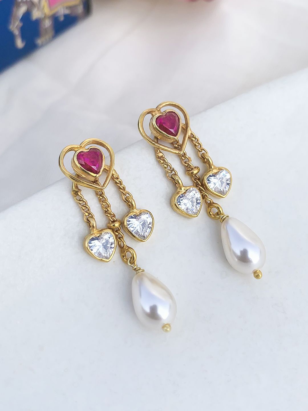 

Unniyarcha 92.5 Silver Gold-Toned Heart Shaped Valentine's Day Drop Earrings