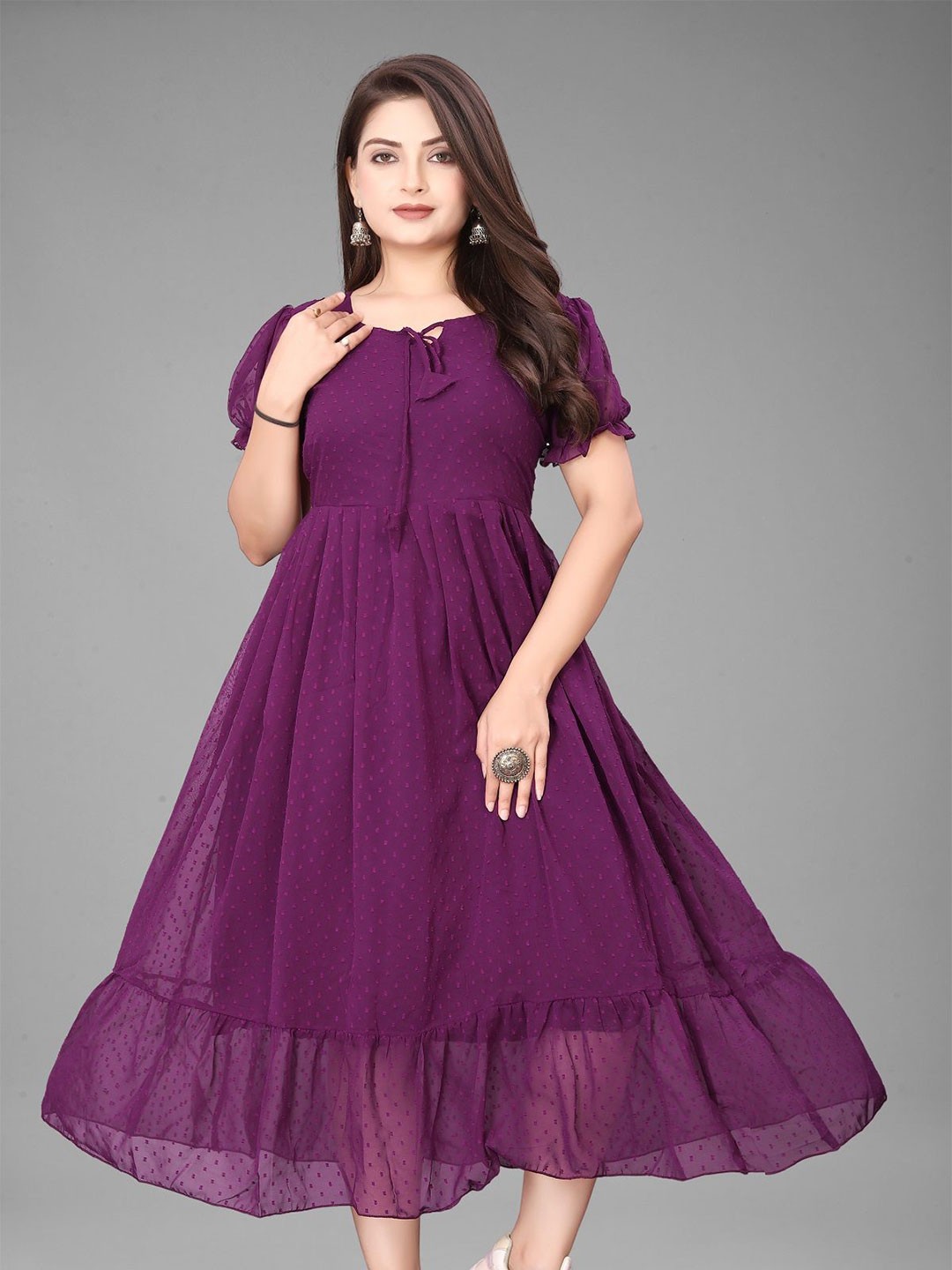 

KRISHTI CREATION Women Puff Sleeve Maxi Fit & Flare Dress, Maroon