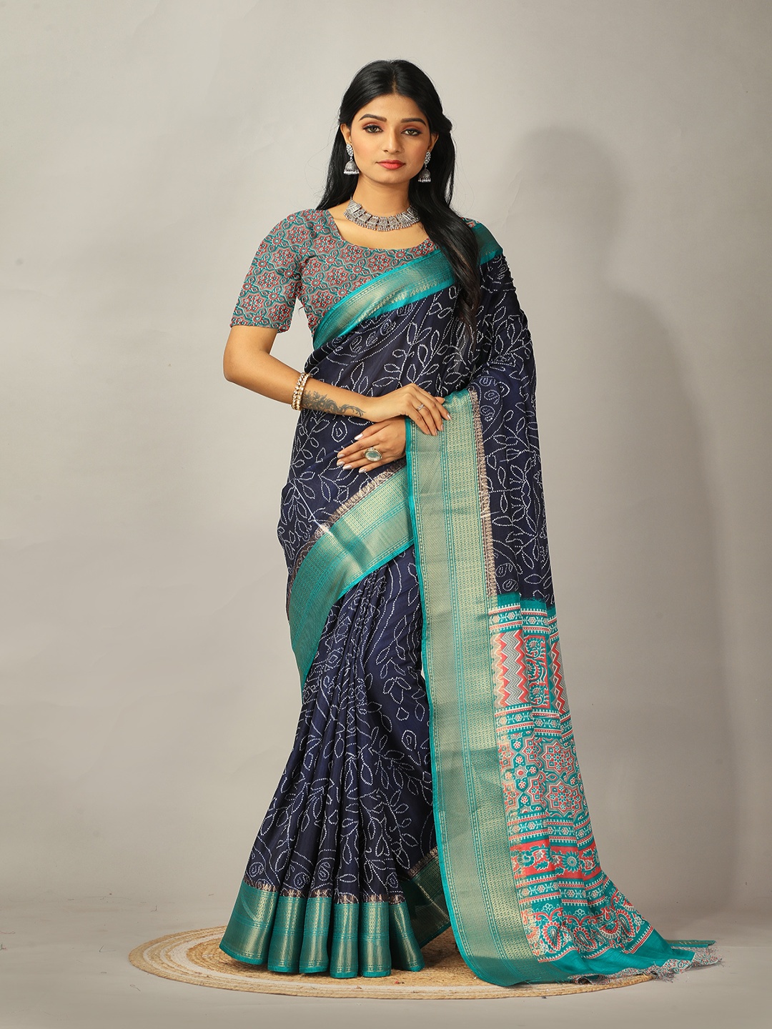 

NIRMAL CREATION Bandhani Zari Woven Design Pure Crepe Saree, Navy blue