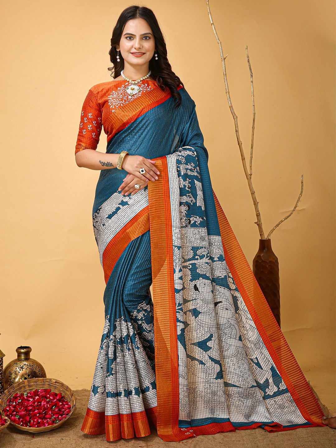 

Anouk Rustic Kalamkari Zari Sungudi Saree, Teal