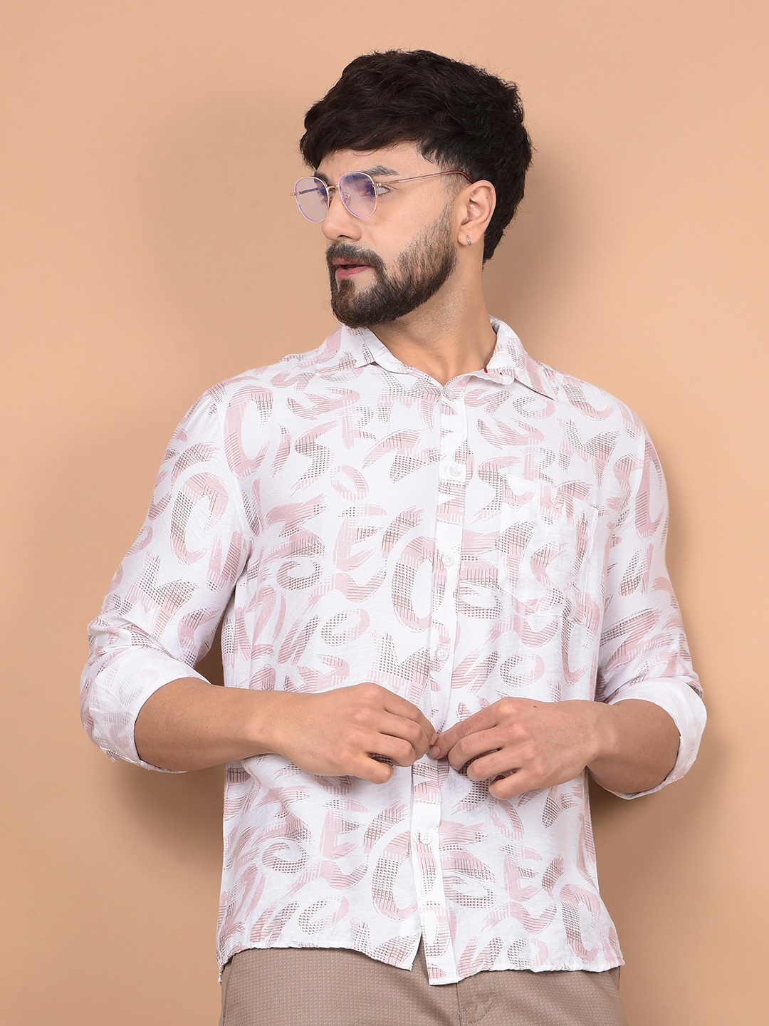 

Crimsoune Club Men Premium Slim Fit Spread Collar Abstract Printed Cotton Casual Shirt, Peach