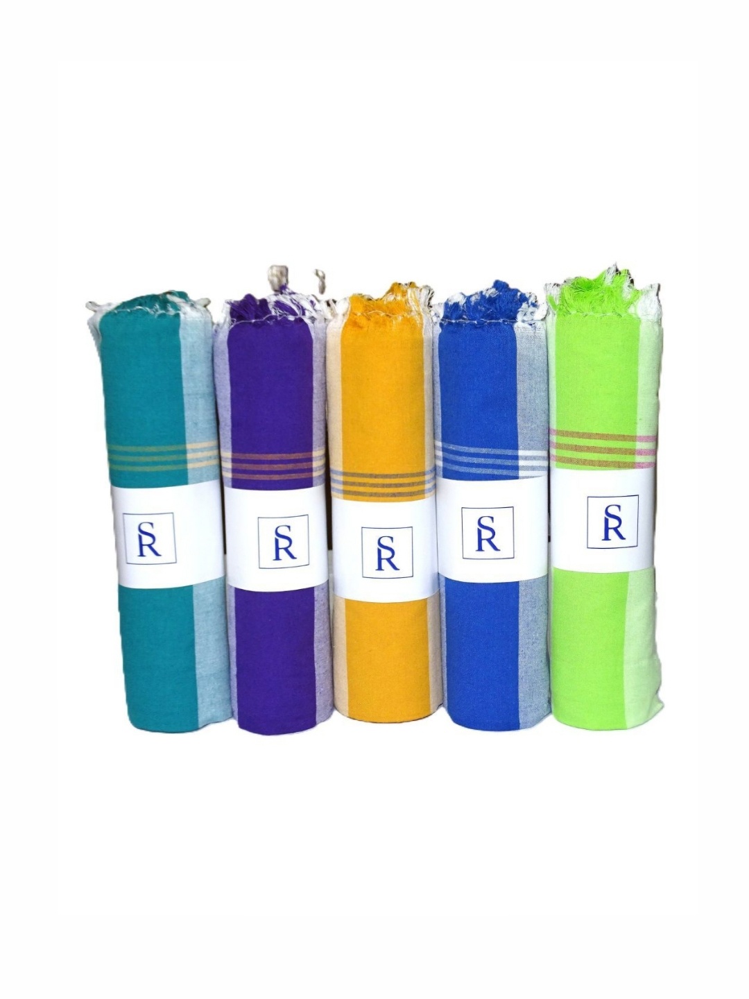 

SR HANDLOOMS AND TEXTILES Green & Blue 5 Piece Striped Cotton 250 GSM Towel Set