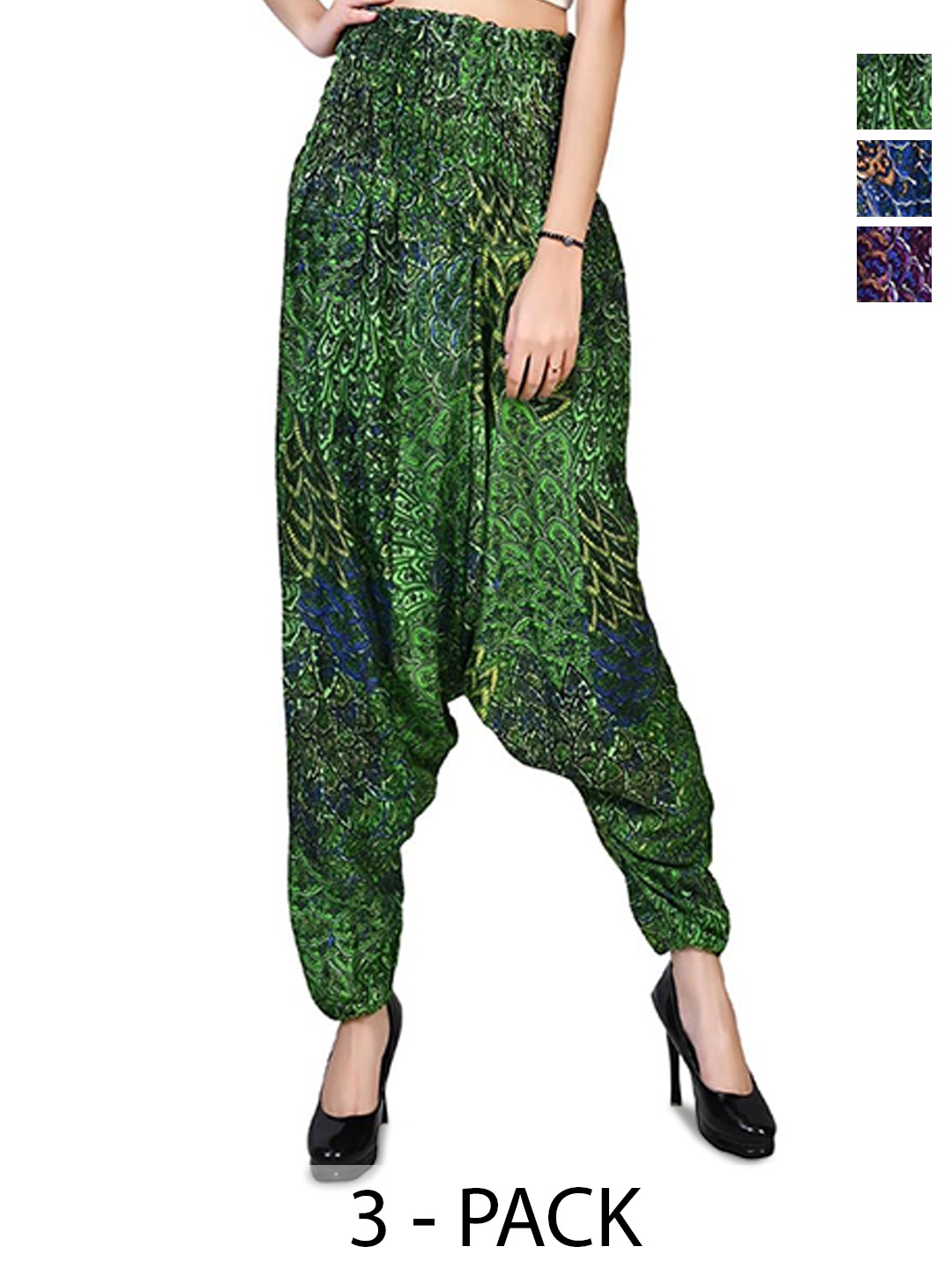 

NarNari Women Pack Of 3 Printed Mid-Rise Harem Pants, Green