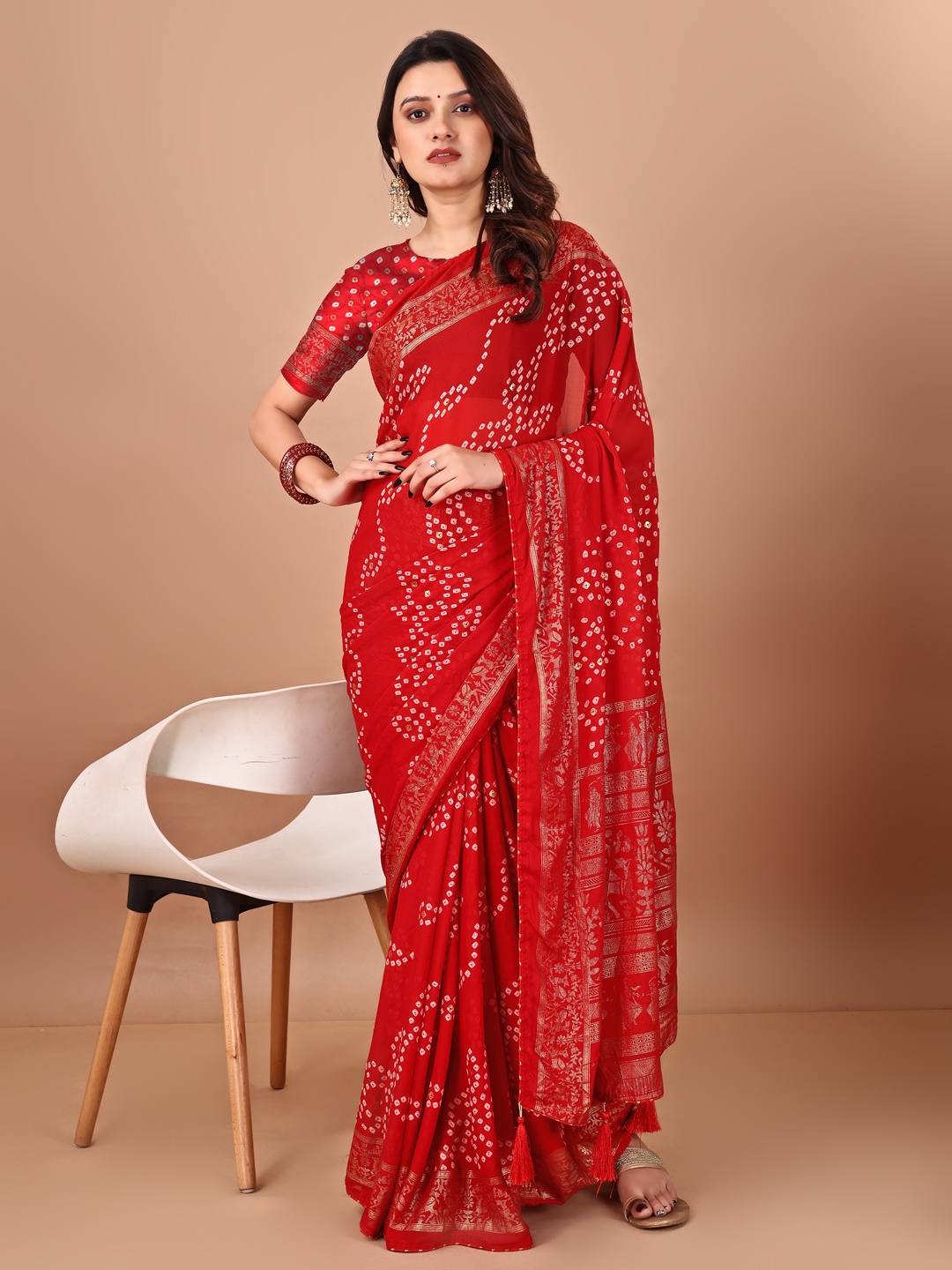 

Panzora Printed Bandhani Saree, Red