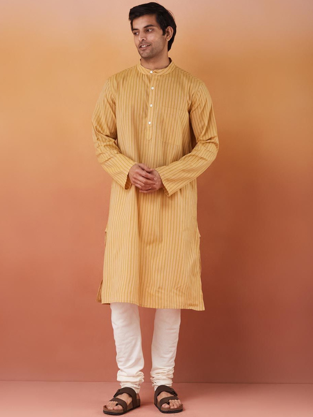 

Fabindia Men Striped Band Collar Cotton Straight Kurta, Mustard