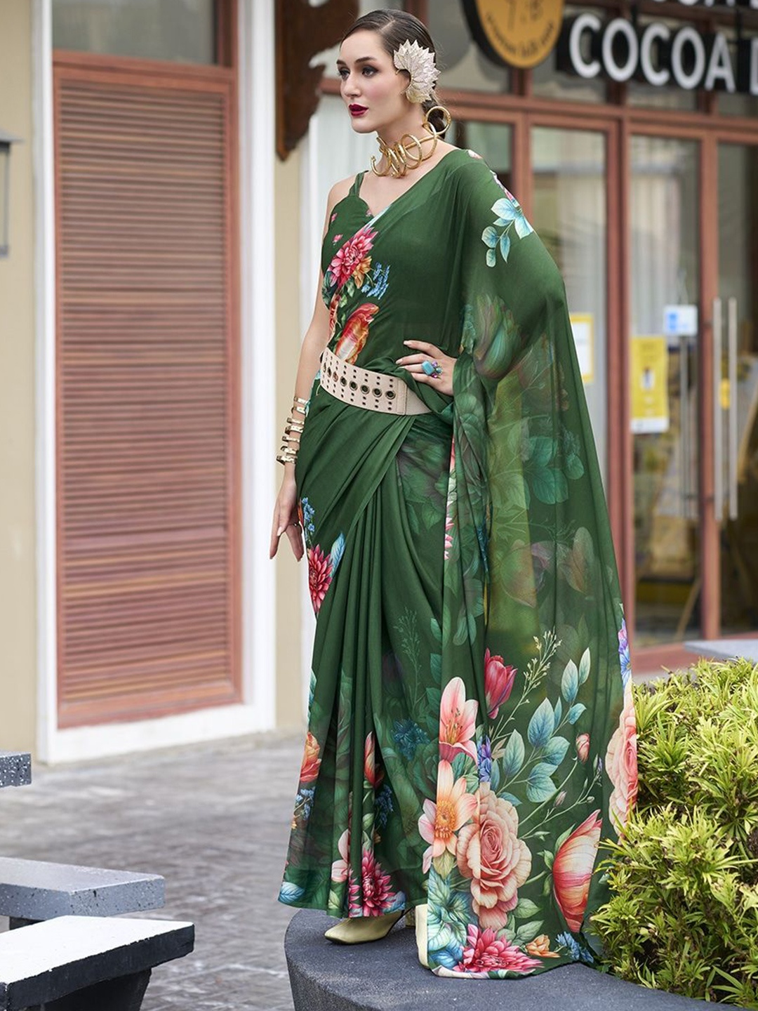 

AVANSHEE Floral Pure Georgette Saree, Green