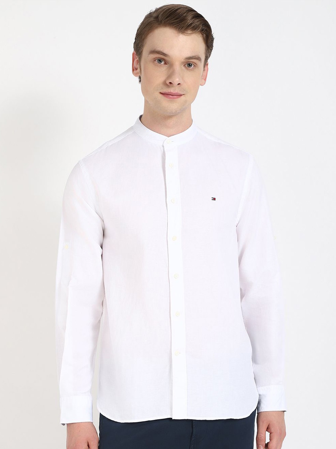 

Tommy Hilfiger Men Relaxed Fit Mandarin Collar Solid Cotton Casual Shirt, White