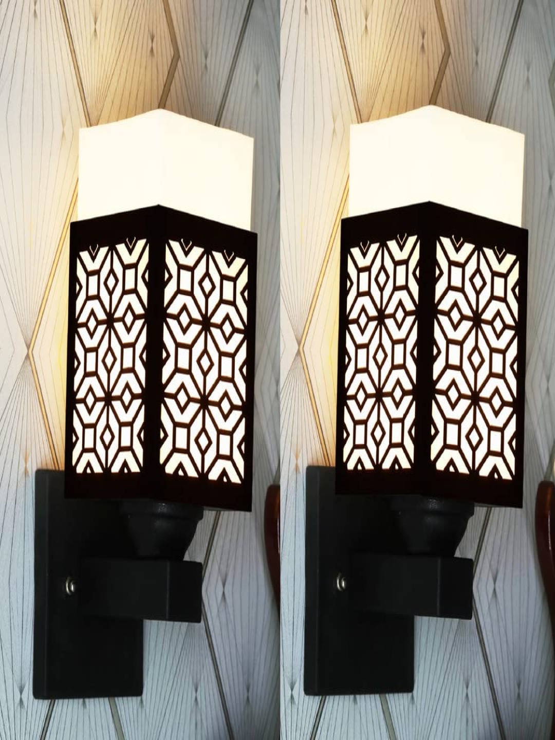 

Gojeeva Black & White 2 Pieces Textured Wooden Square Shaped Wall Lamps