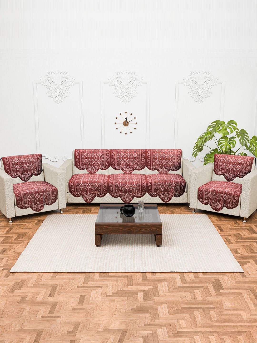

Kuber Industries Maroon 10 Pieces Self Design Cotton 5 Seater Sofa Covers