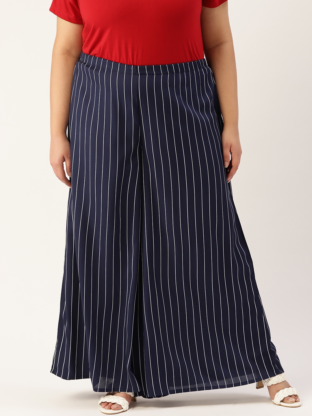 

theRebelinme Women Plus Size Striped Palazzos, Navy blue
