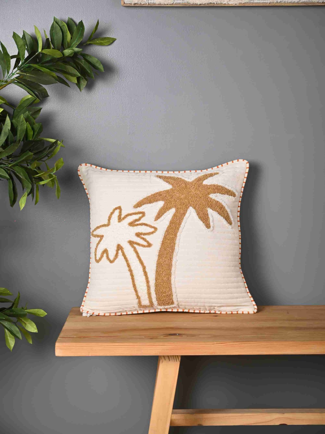 

SANSKRUTIHOMES White & Brown Embroidered Cotton Square Cushion Cover