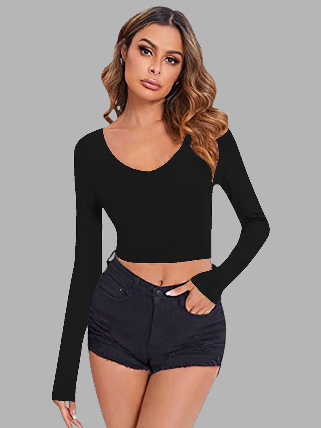 

Dream Beauty Fashion Women V-Neck Fitted Crop Top, Black