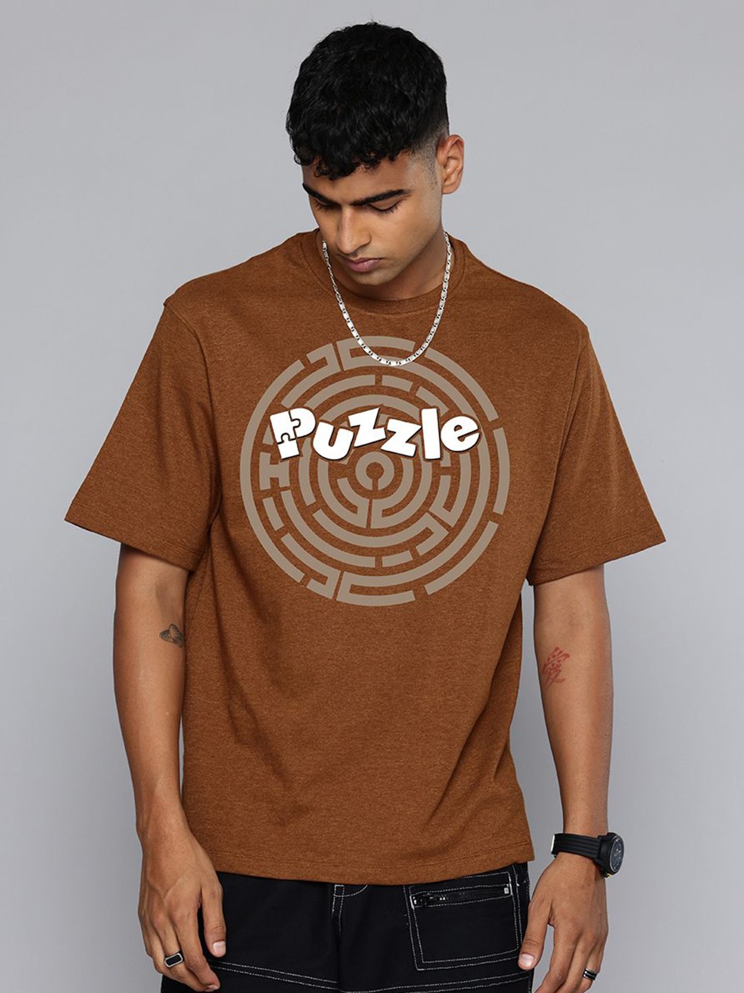 

Moda Rapido Men Typography Printed Round Neck Cotton Relaxed Fit T-shirt, Brown