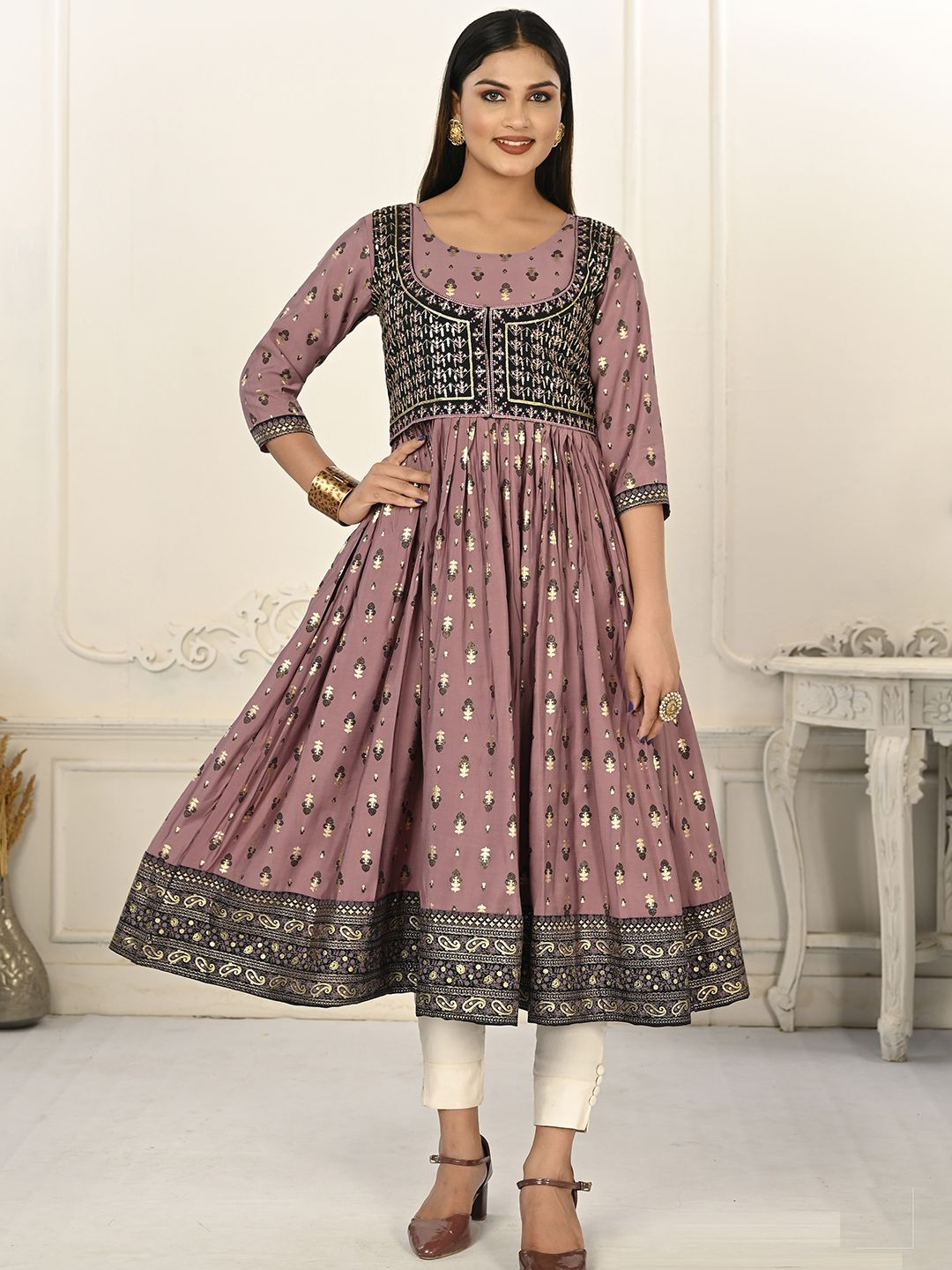 

Krimmple Floral Woven Design Sequinned Pure Cotton Anarkali Kurtas, Violet