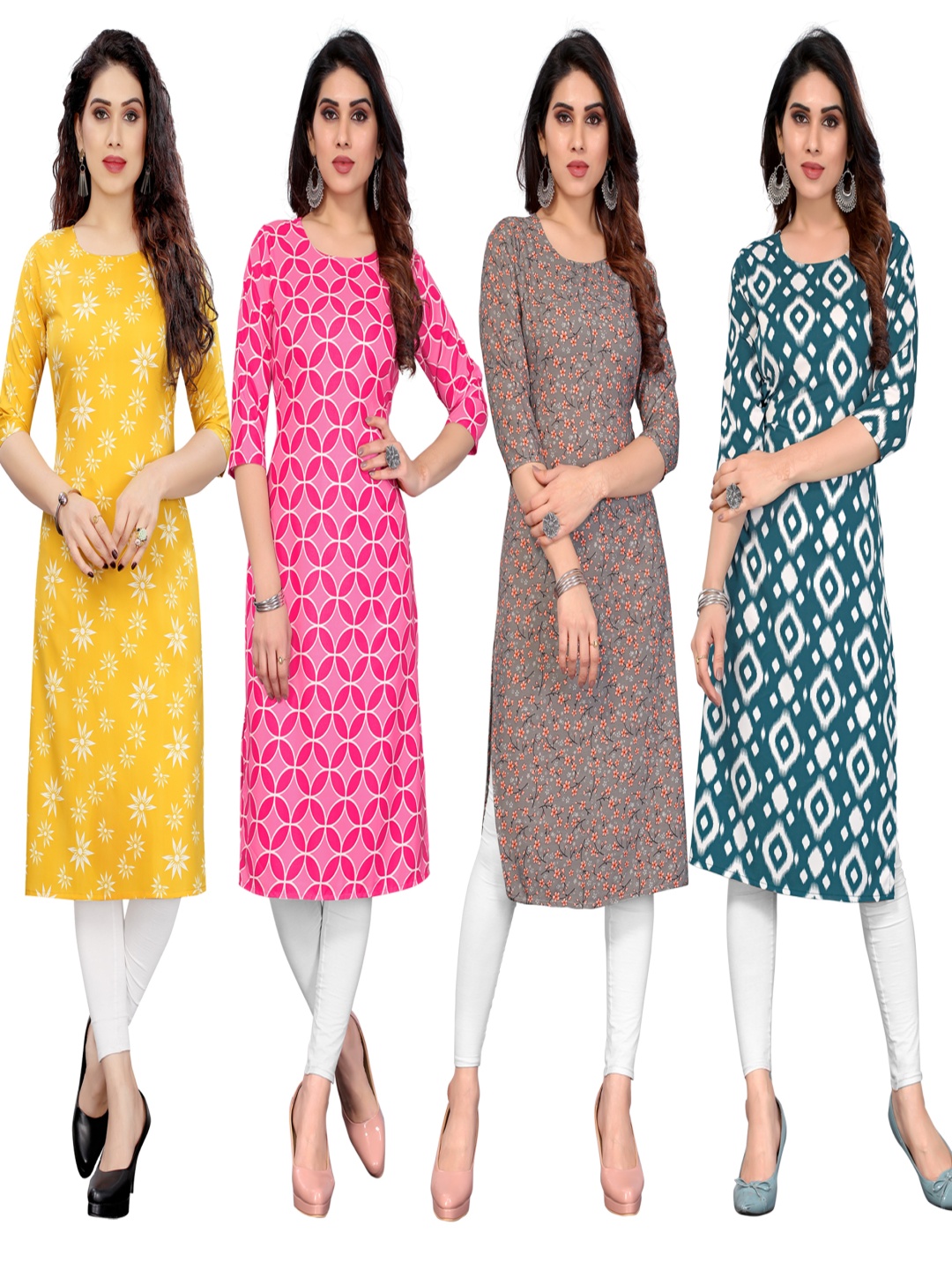

KETAKI FASHION Selection Of 4 Floral Printed Round Neck Straight Kurtas, Brown