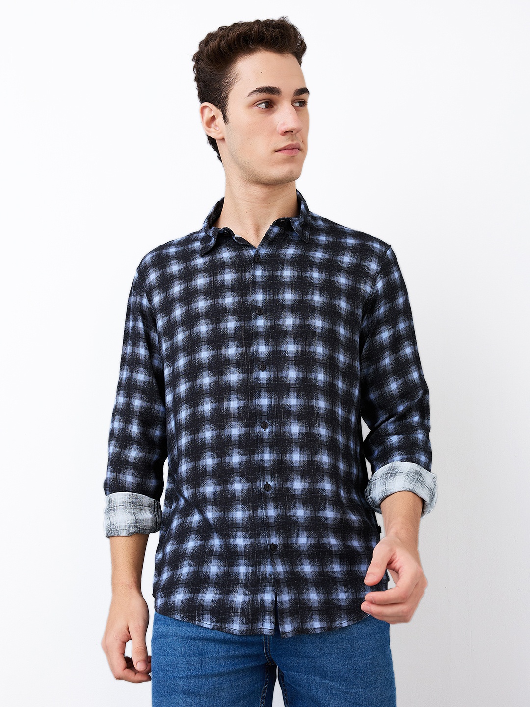 

SPYKAR Men Relaxed Fit Spread Collar Checked Casual Shirt, Black