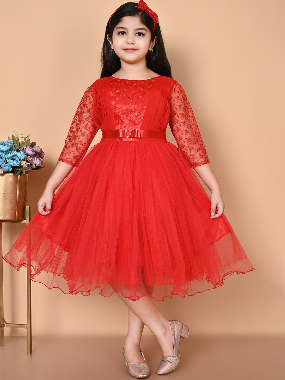 

BARKAT DESIGNING PLANET Girls Embellished Net Gown Midi Dress, Red