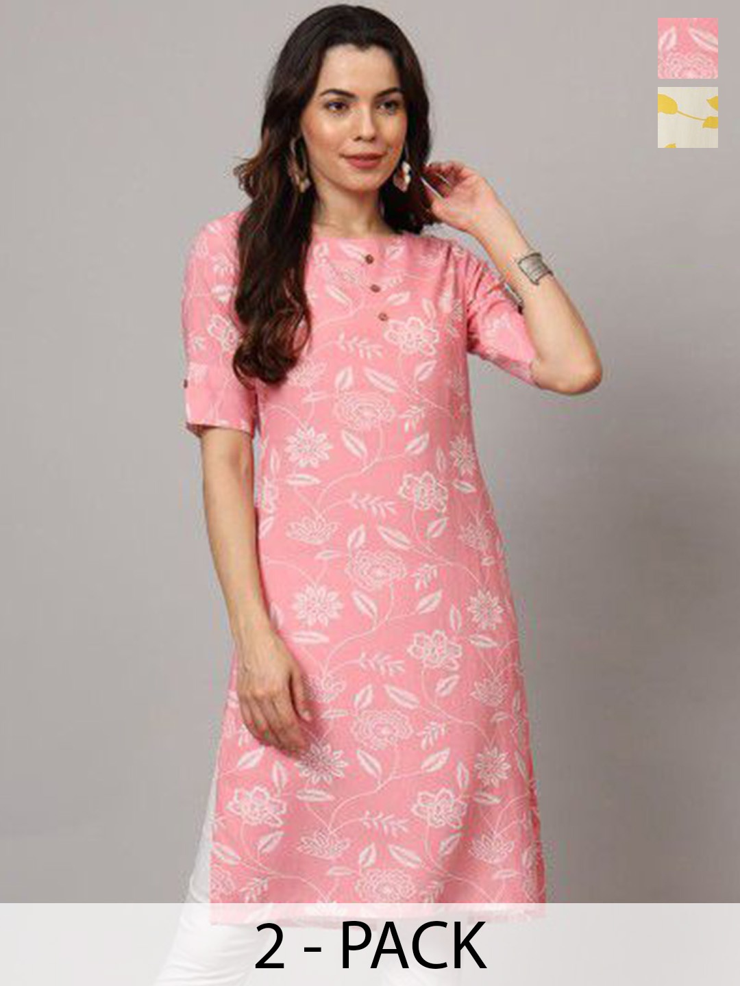 

Anouk Rustic Selection Of 2 Floral Printed Roll-Up Sleeves Straight Kurtas, Pink