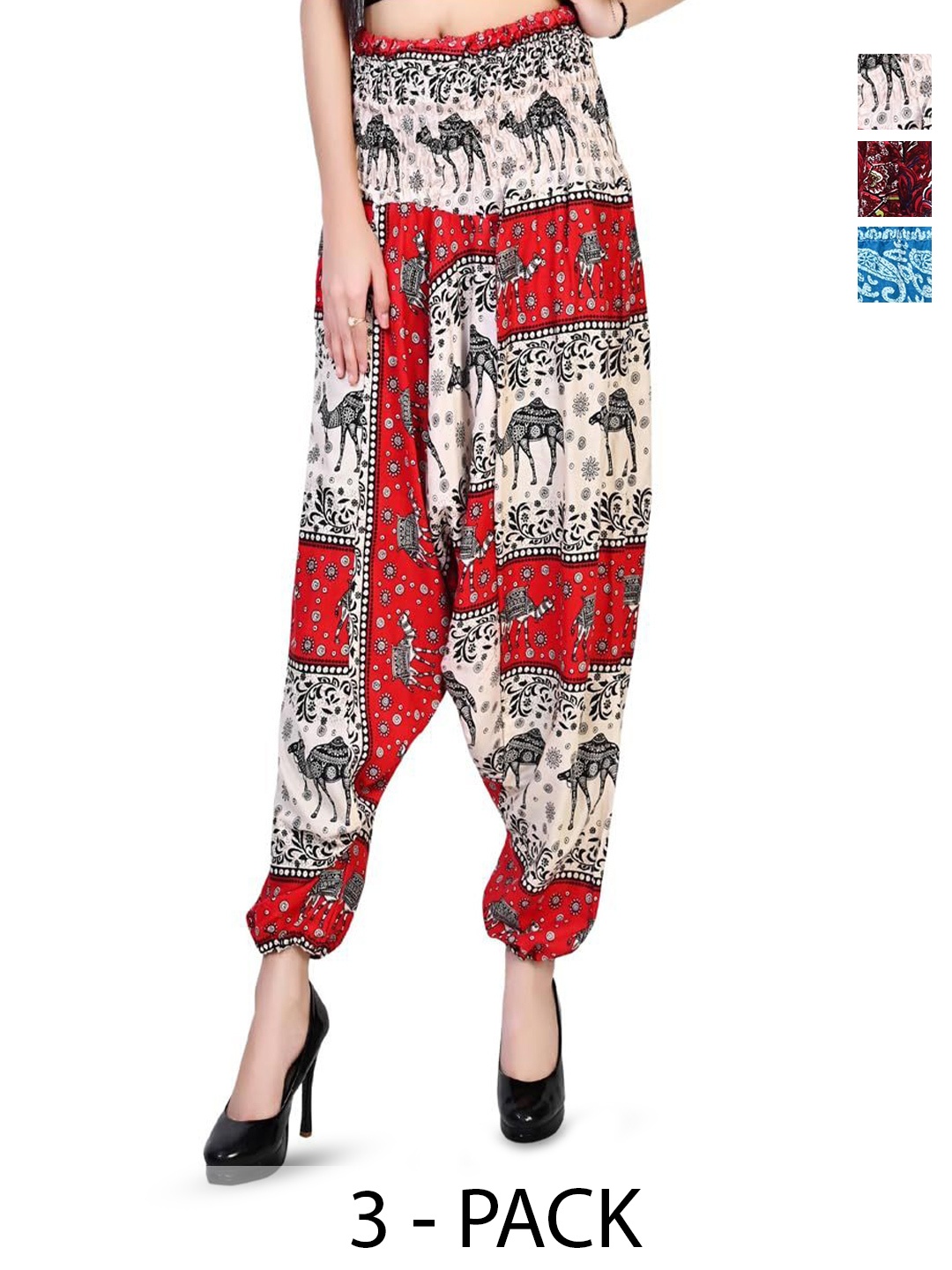 

NarNari Pack Of 3 Printed Mid-Rise Harem Pants, Red