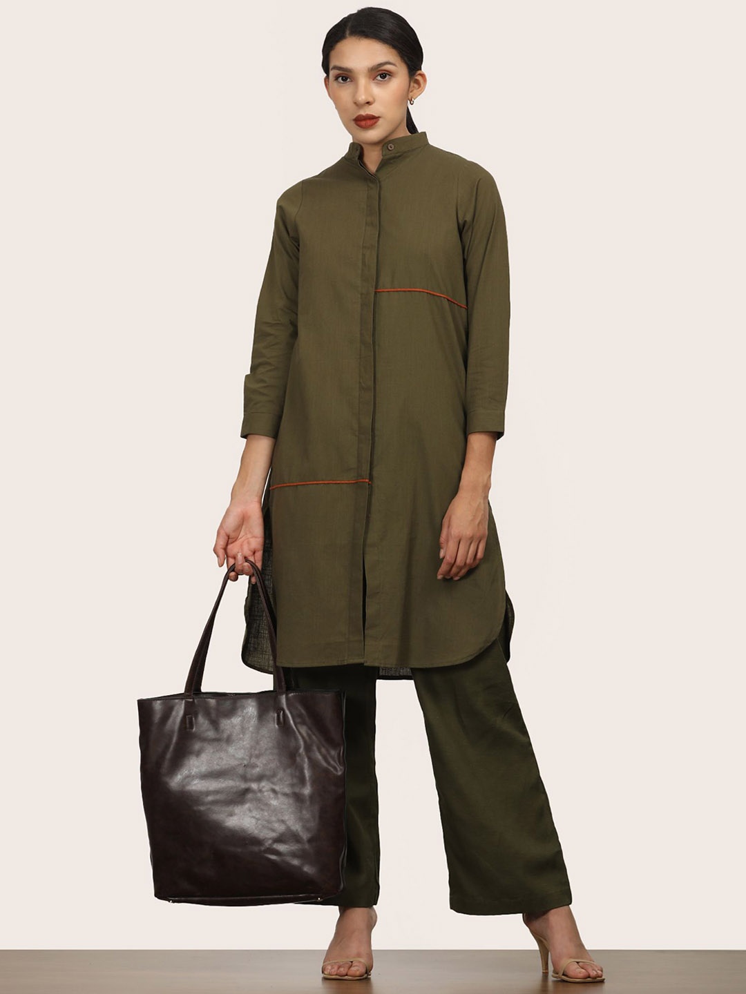 

Saltpetre Women Olive Mandarin Neck Long Sleeve Long Shirt With Pants Co-Ords