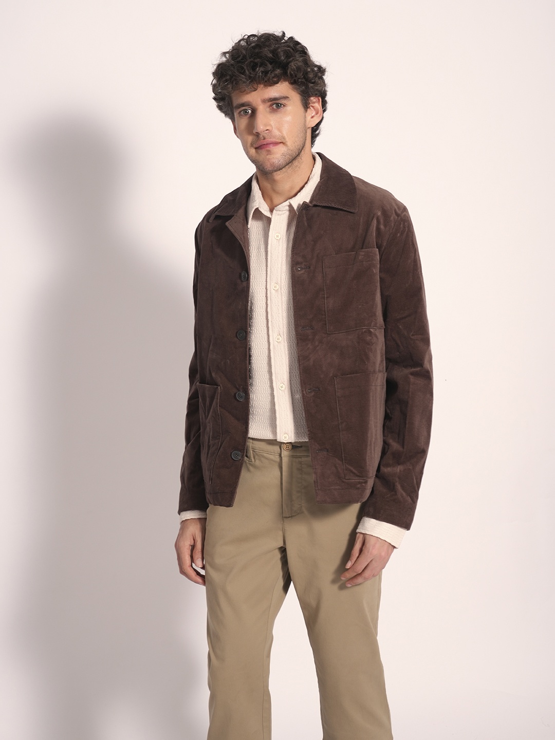 

SELECTED Men Spread Collar Textured Cotton Casual Shirt, Beige