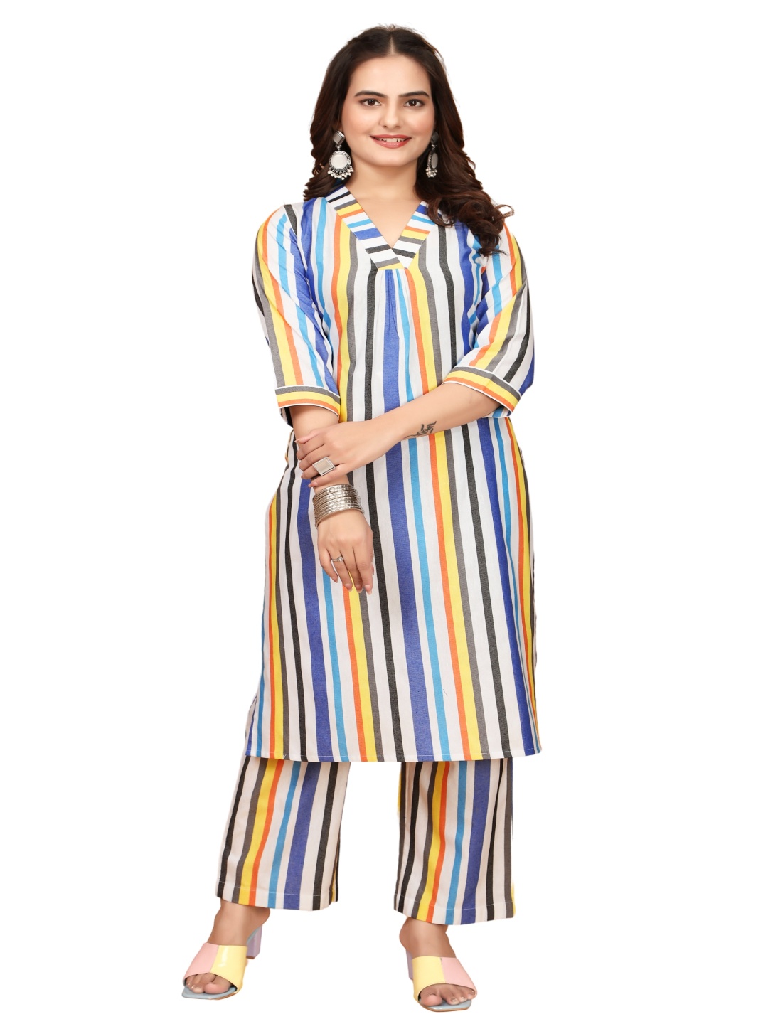 

Anouk White Striped V-Neck Straight Kurta With Trouser
