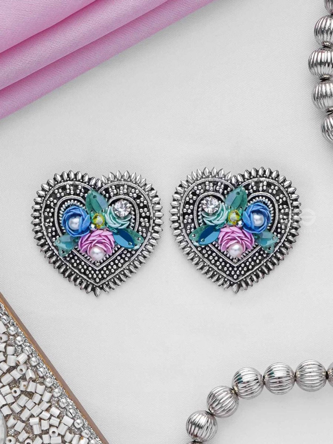 

EVERSTYLISH Sanjoya Sequins, Beads & Pearls Embroidered & Oxidised Stud Earrings, Multi