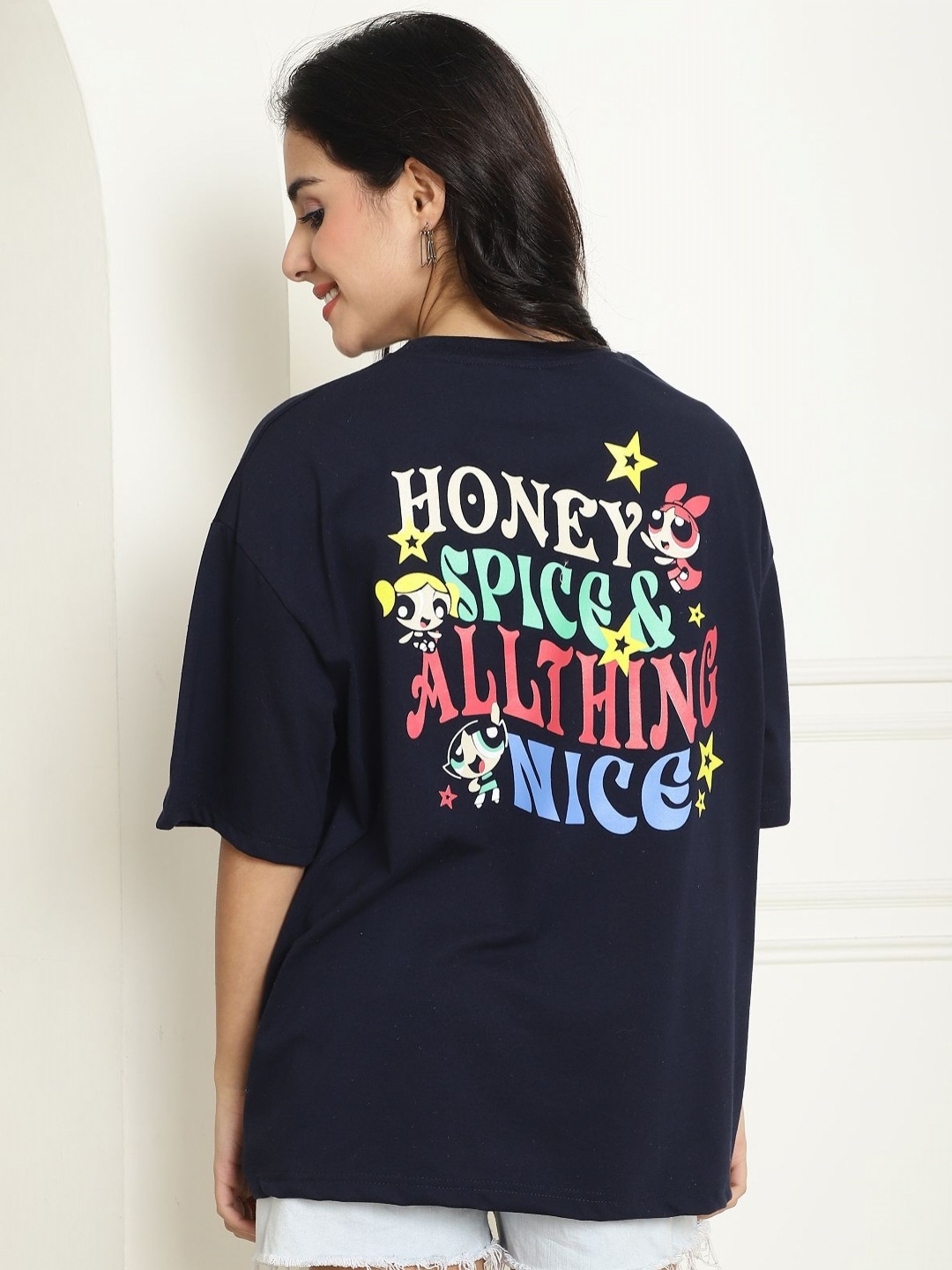 

Dreambe Women Typography Printed Fusion Applique T-shirt, Navy blue