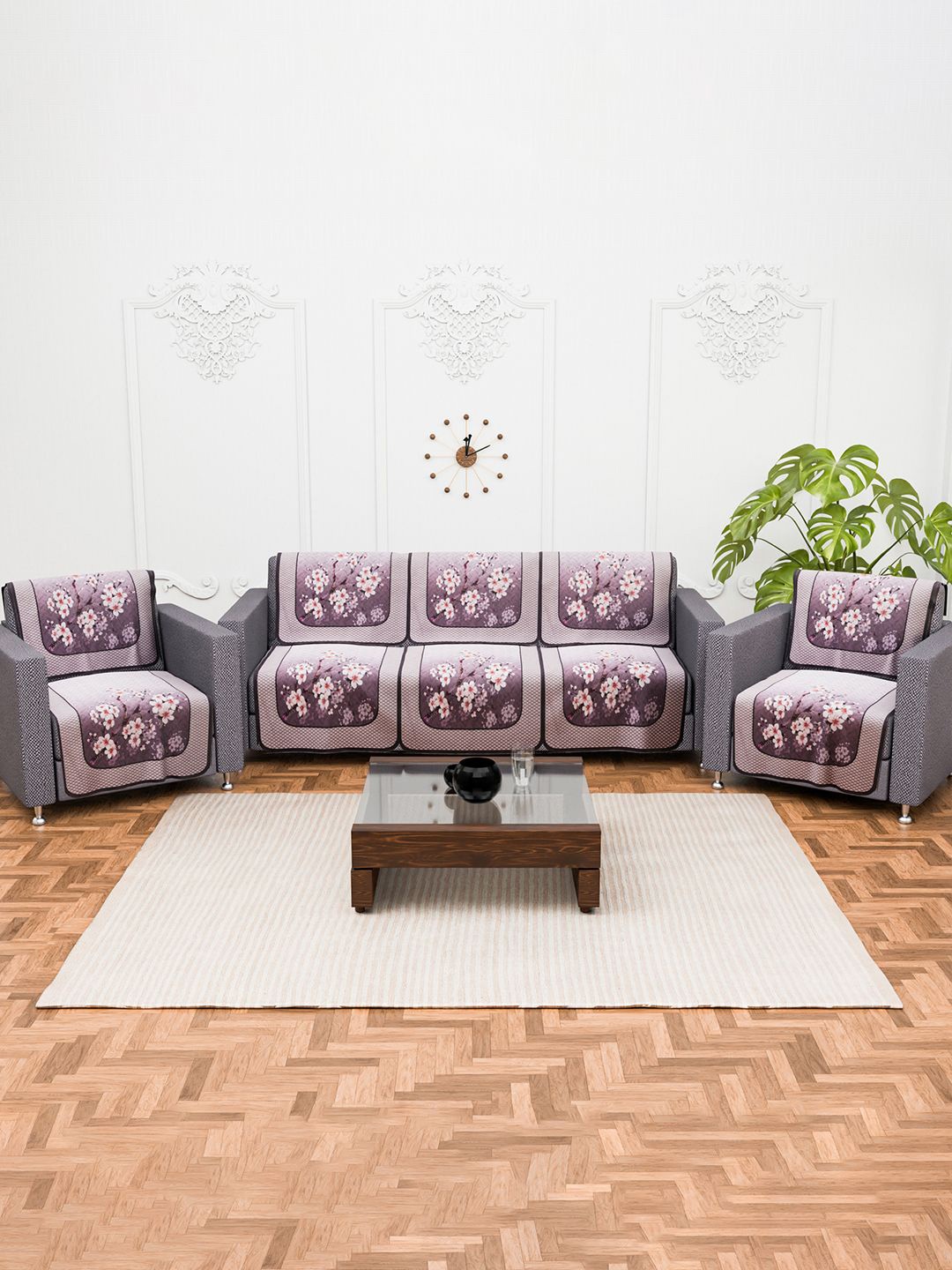 

Kuber Industries Purple 10 Pieces 5 Seater Floral Printed Cotton Sofa Covers