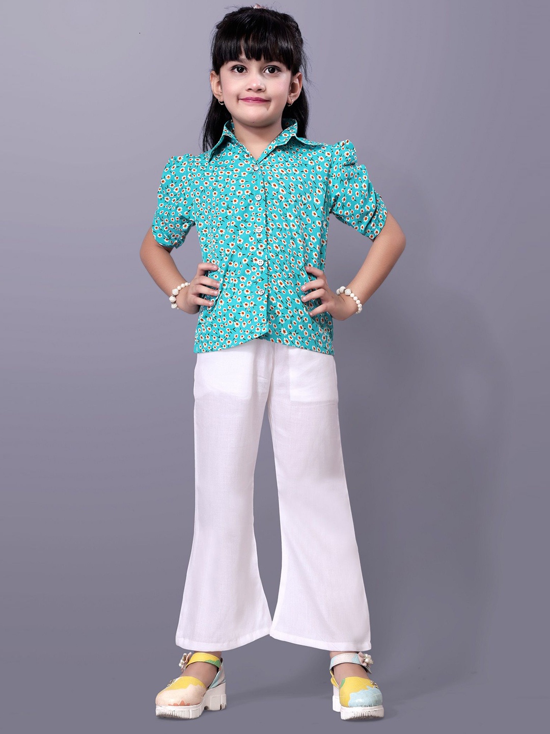 

Aarya Designer Girls Printed Puffed Sleeves Shirt With Trouser, Teal