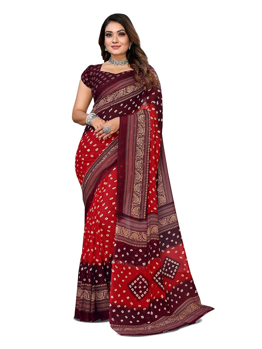 

Moda Rapido Bandhani Printed Saree, Maroon