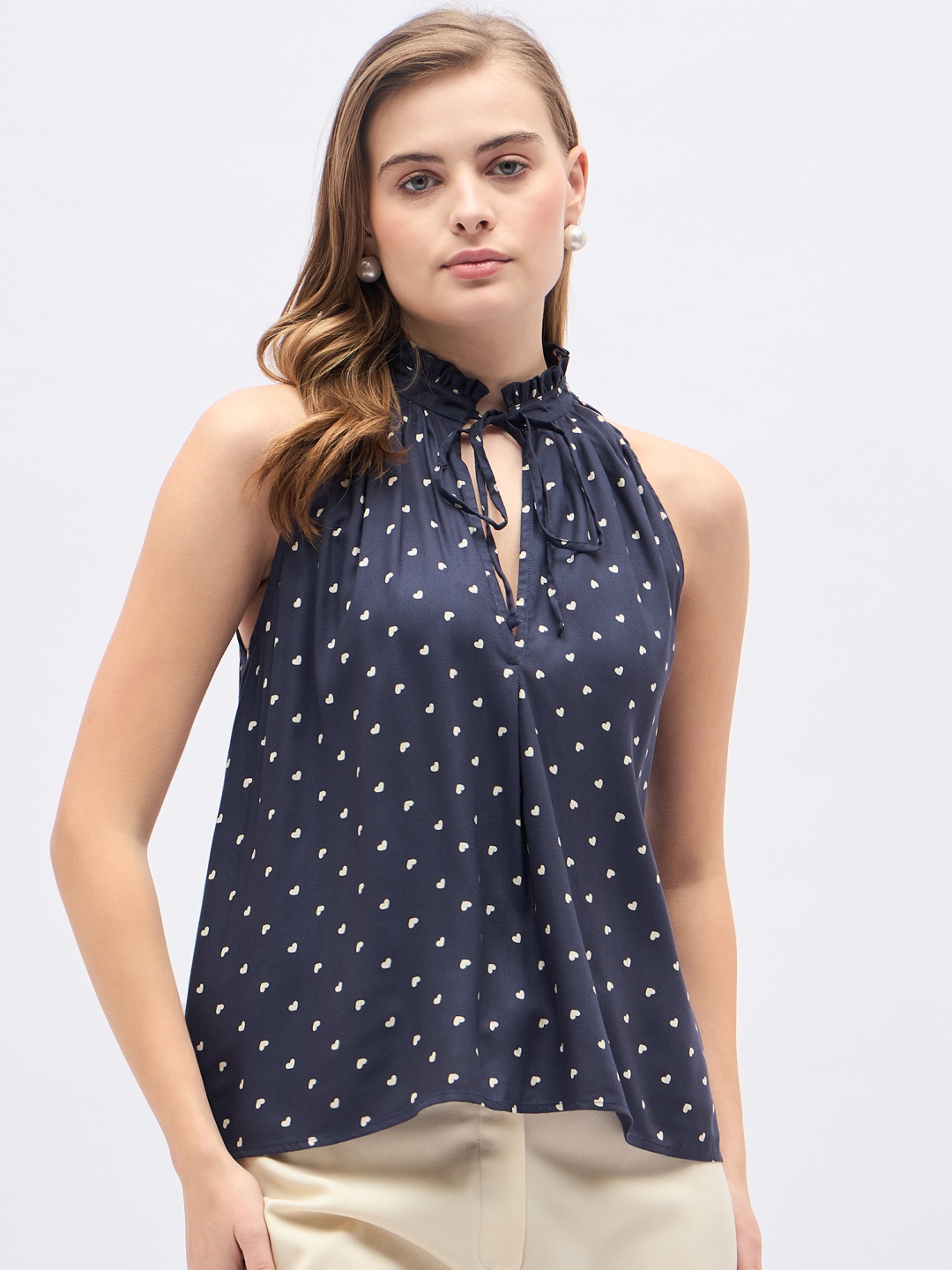 

DressBerry Printed Tie-Up Neck A-Line Top, Navy blue