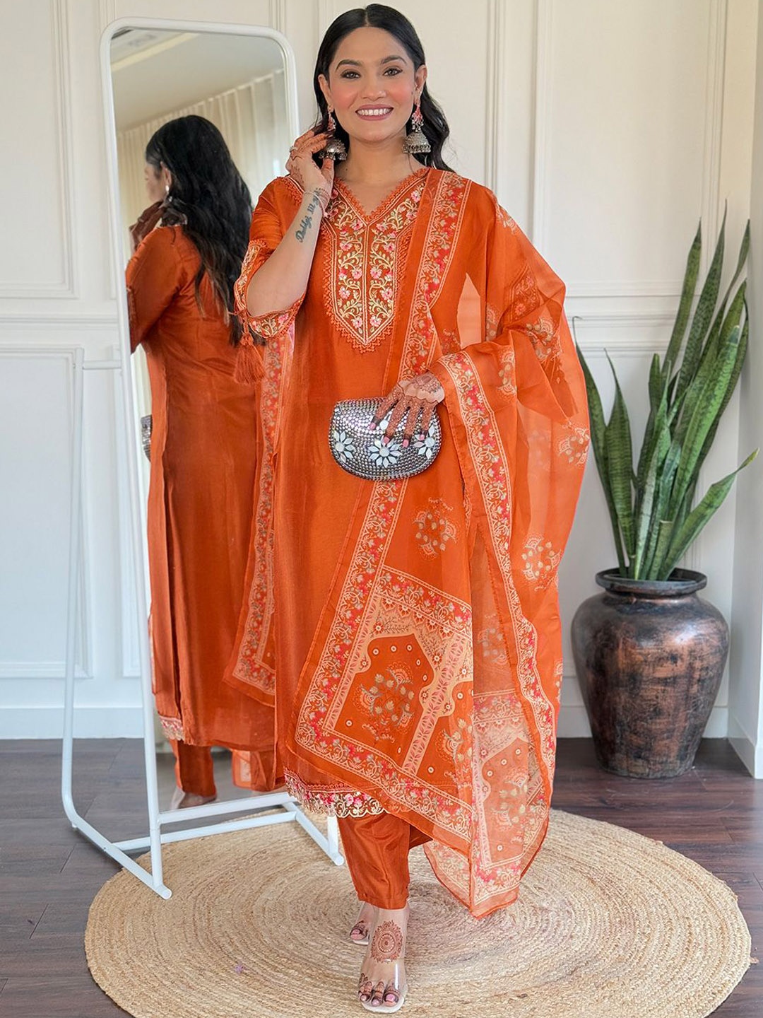 

KALINI Floral Embroidered V-Neck Straight Kurta With Trousers And Dupatta, Orange