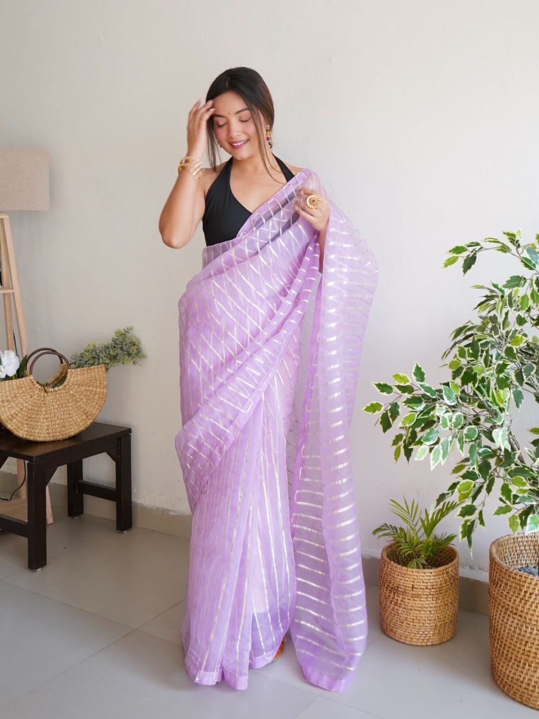 

ODETTE Striped Embroidered Organza Saree, Pink