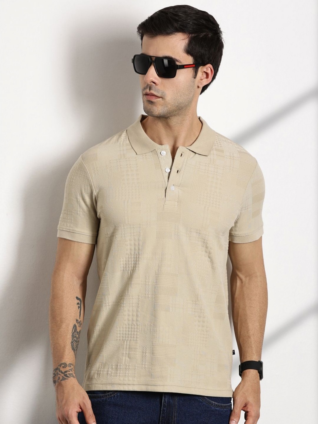 

Thomas Scott Men Textured Polo Collar Regular Fit T-shirt, Beige