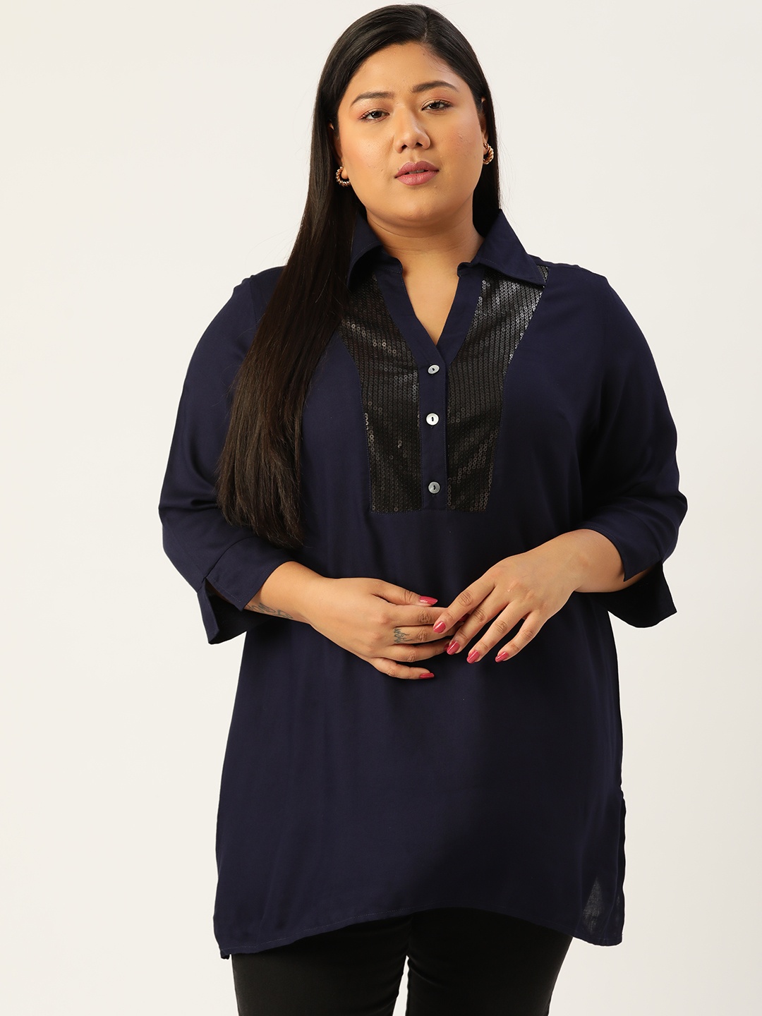 

theRebelinme Shirt Style Longline Top, Navy blue