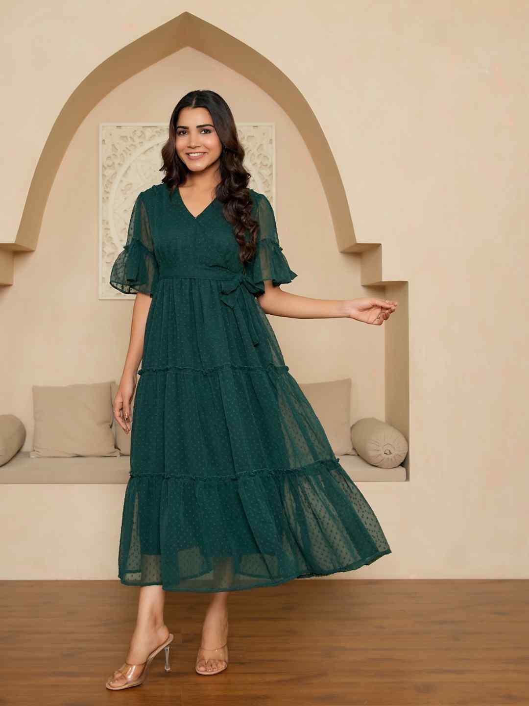 

NOUN V-Neck Flared Maxi Ethnic Dress, Green