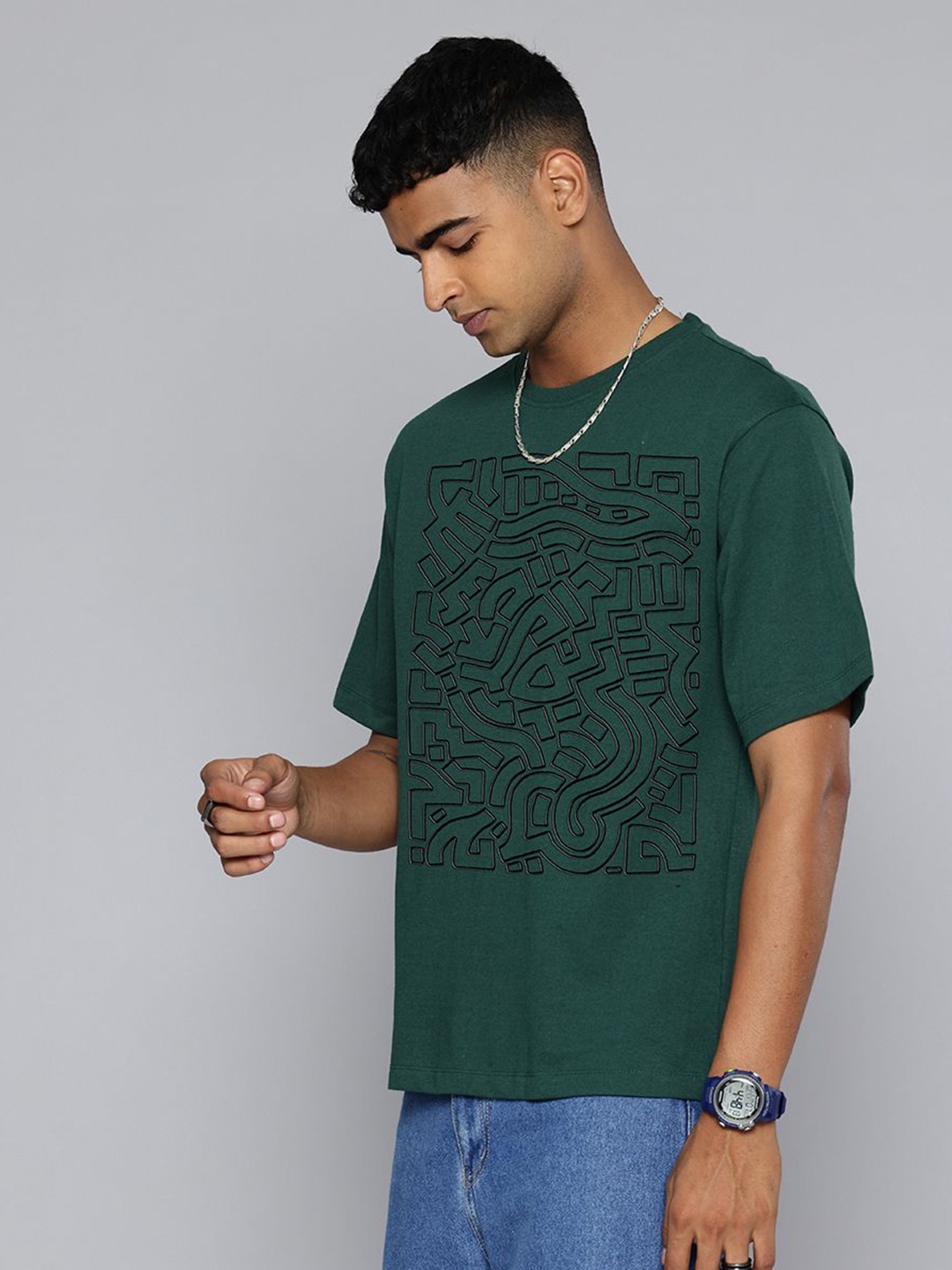 

Moda Rapido Men Abstract Printed Round Neck Cotton Relaxed Fit T-shirt, Green