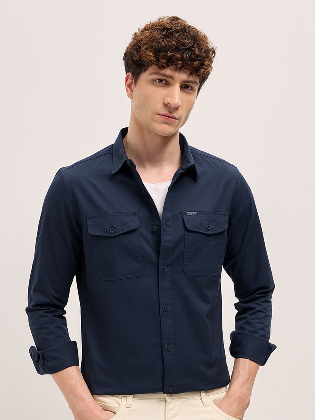 

THE BEAR HOUSE Men Spread Collar Solid Cotton Casual Shirt, Teal