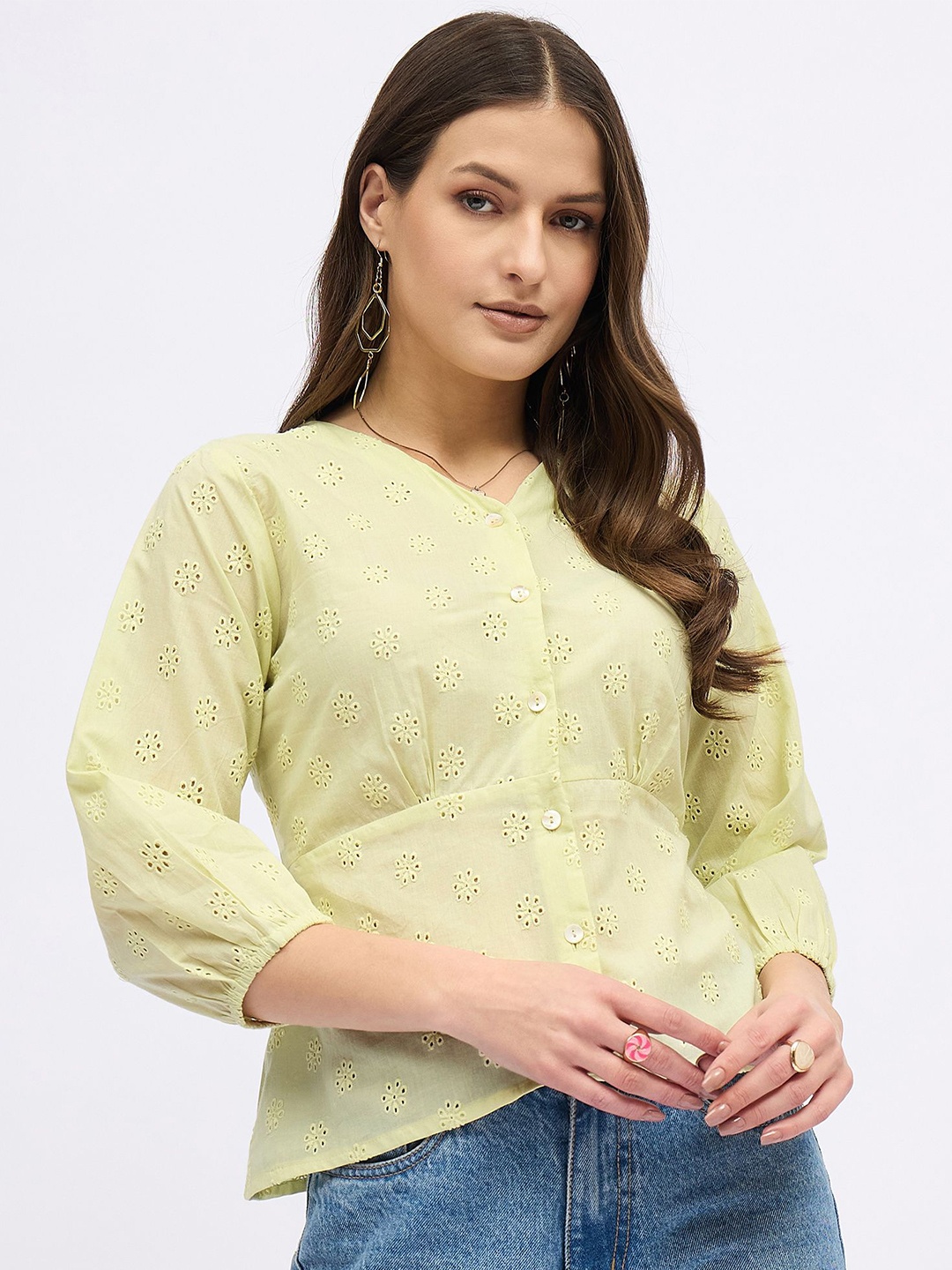 

DressBerry Cotton Schiffli Shirt Style Top, Yellow