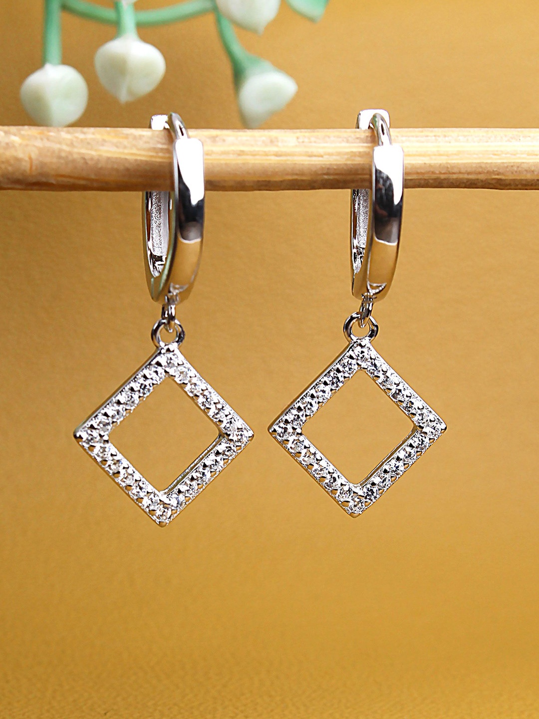 

DEVASHREE 925 Silver Rhodium-Plated CZ Studded Square Shaped Hoop Earrings