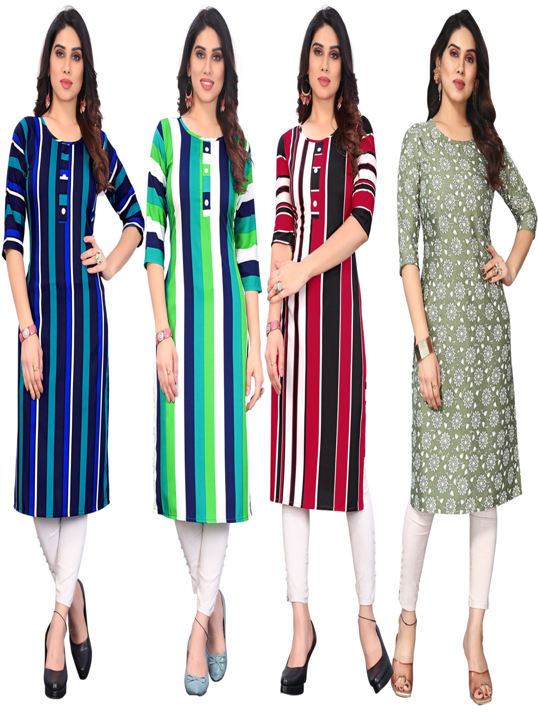 

KETAKI FASHION Selection Of 4 Striped Round Neck Straight Kurtas, Blue