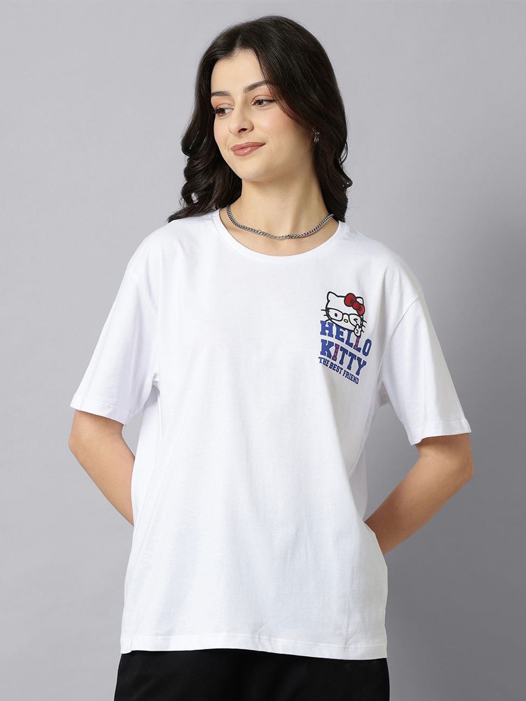 

Free Authority Women Typography Printed Round Neck Cotton Oversized T-shirt, White
