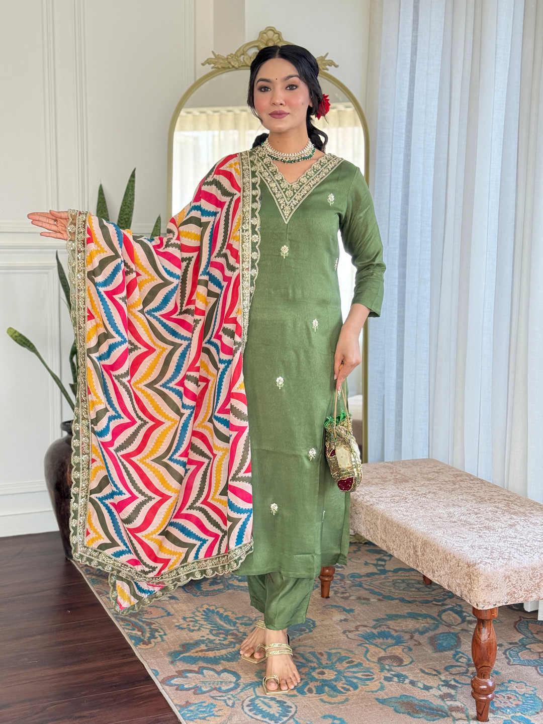 

KALINI Floral Embroidered Zari Kurta With Trouser And Dupatta, Olive